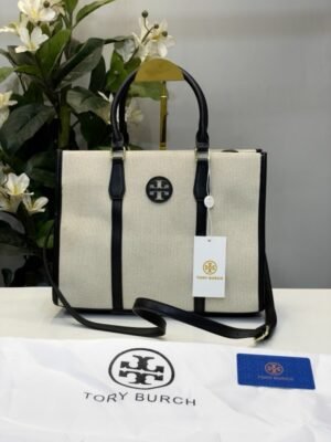 Tory Burch Blake Canvas Tote With Dust Bag TB608 Apricot Black