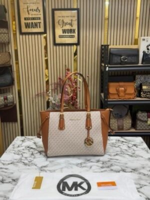 Michael Kors Voyager Leather Satchel Shoulder Bag With Dust Bag (19028_Beige_Brown)(LB)