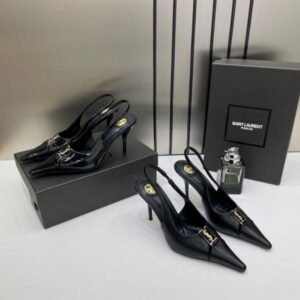 Ysl Yves Saint Laurent Pointed-Toe Glossy Patent Leather Slingback Pumps With OG Box Dust Cover Glossy Patent Black A16