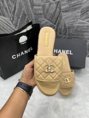 Chanel Lambskin Quilted CC Mules Wedge Sandals With OG Box&Dust Bag Apricot 6623-2