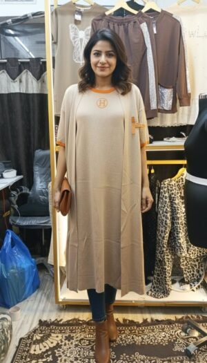 Hermes long T-shirt with Jacket Beige colour with belt  gives Elegant Rich lookà