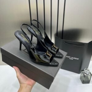 Ysl Saint Laurent Black Patent Leather Slingback Heels With OG Box & Carry Bag Black A19