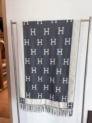 Hermes_Style_H_Monogram_Wool_Shawl_in_Navy_Grey_With_OG_Box_&_Dust_Bag