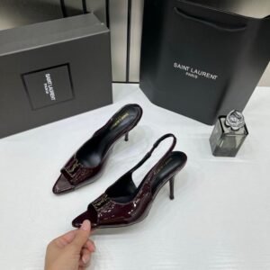 Ysl Saint Laurent Wine Patent Leather Slingback Heels With OG Box & Carry Bag Wine Patent A19