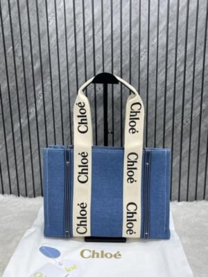 Chloe Denim Medium Canvas Woody Tote With Dust Cover Denim Blue