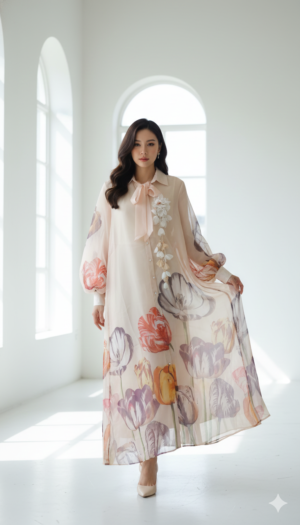Long floral design full sleeve  Chinese  One piece providing elegant  Rich look
