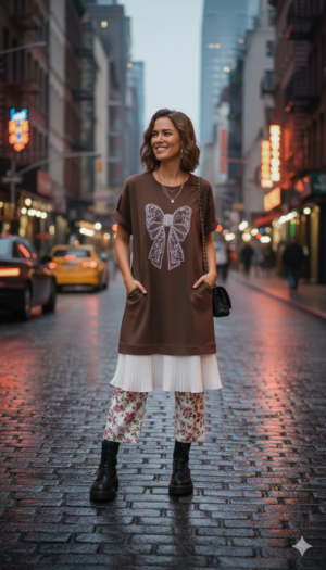Long Brown T shirt with 3 -d Ribbon print with pearl  providing stylish look