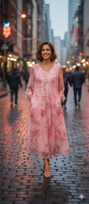 Long One piece with floral design  with 3-D leaf print round neck collar