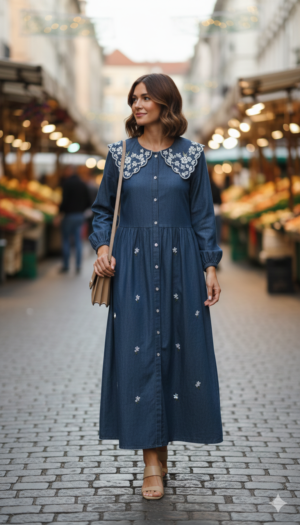 long denim flower print one piece