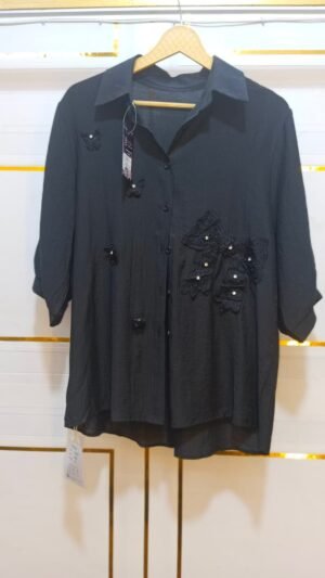 Noir Textured Chiffon Shirt with Crystal Bow & Butterfly Accents Black Shirt