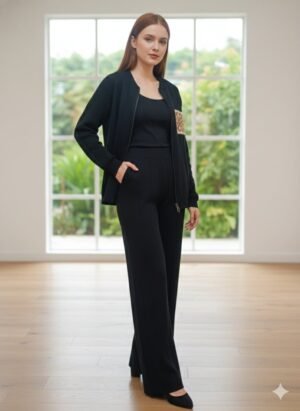 Loewe Anagram-Patch Ribbed Knit Bomber Jacket and Wide-Leg Trouser Two-Piece Coord Set in Black