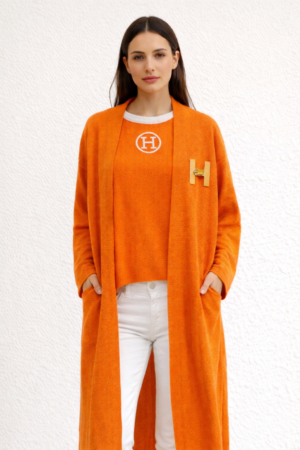 Two-Piece Long T-Shirt & Open Front Coat Set with Signature Inspired Detailing, Paired Perfectly with White Denim for Elegant Casual Wear