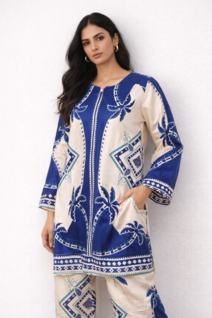 Designer Women’s Printed Co-Ord Set – Classic Blue & Ivory Motif Kurta Top with Matching Trousers