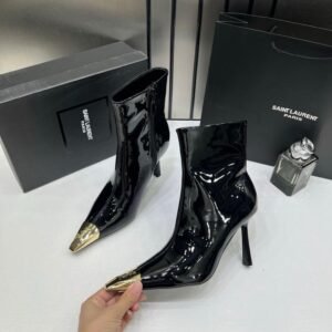 Ysl_Saint_Laurent_Paris_Black_Glossy_High-Heeled_Ankle_Boots_With_Gold_Metal_Toe_Cap_With_OG_Box_Dust_Cover_&_Carry_Bag_B1_Black_Glossy